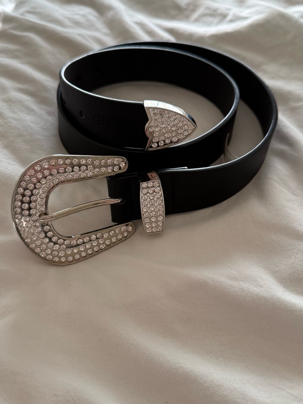 GUESS x Jennifer Lopez Black Leather Silver Crystal Studded Western Belt